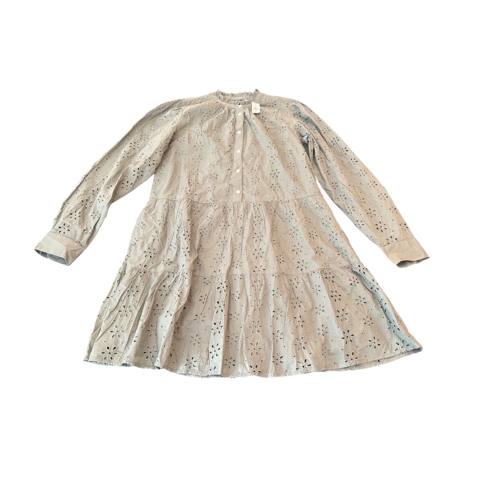 Gap Women Olive Green Eyelet Ruffle Neck Tiered Mini Dress L Tall NWT